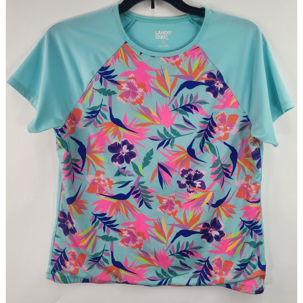 Lands' End Floral Swim Top Girl's XL Rash Guard Shirt Blue Pink Beachy Stretch